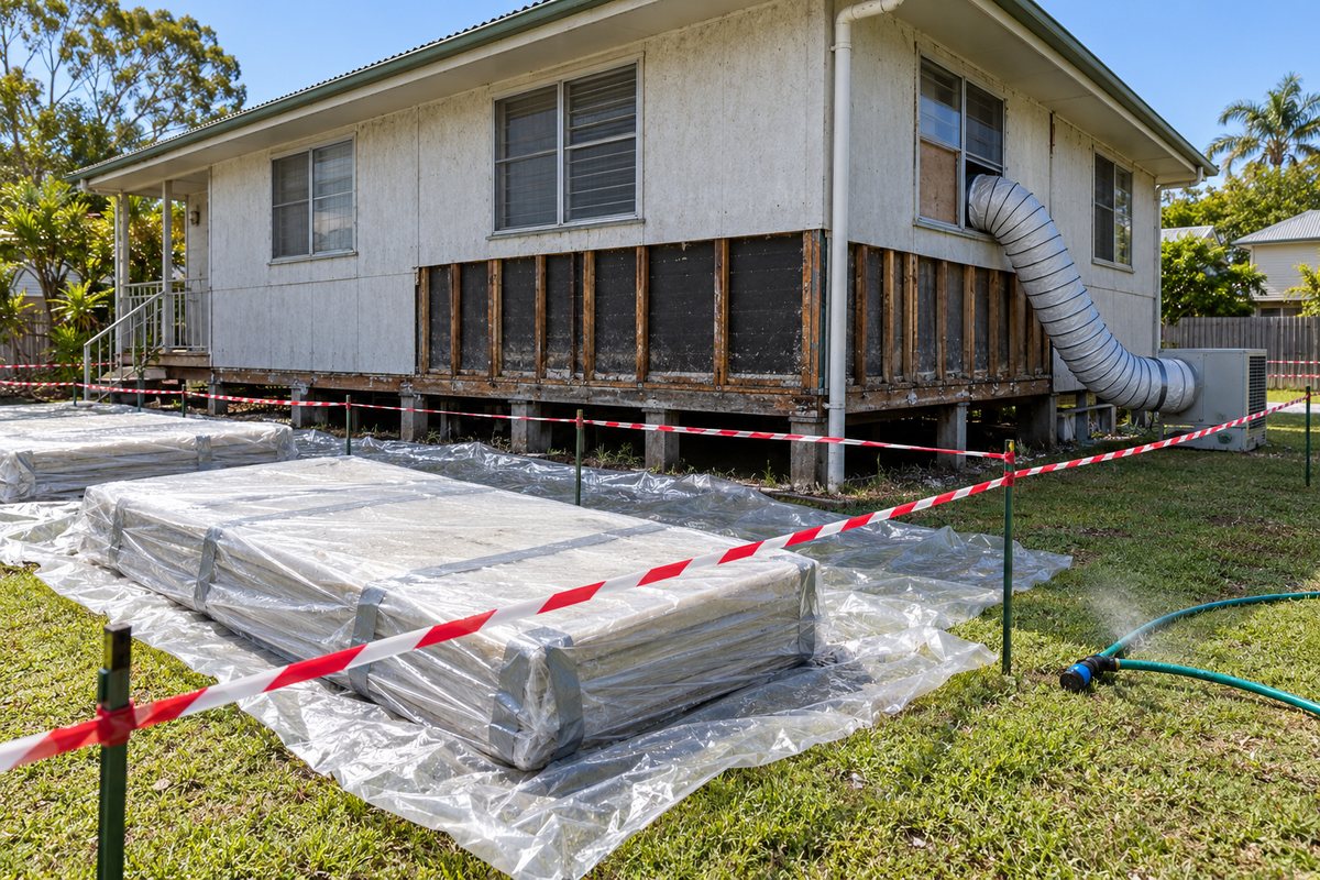 A 1960s fibro house in Bundaberg during licensed asbestos removal, lower wall sheets wet down and stacked whole on plastic sheeting, warning tape around the work zone and a negative air unit duct at the doorway.