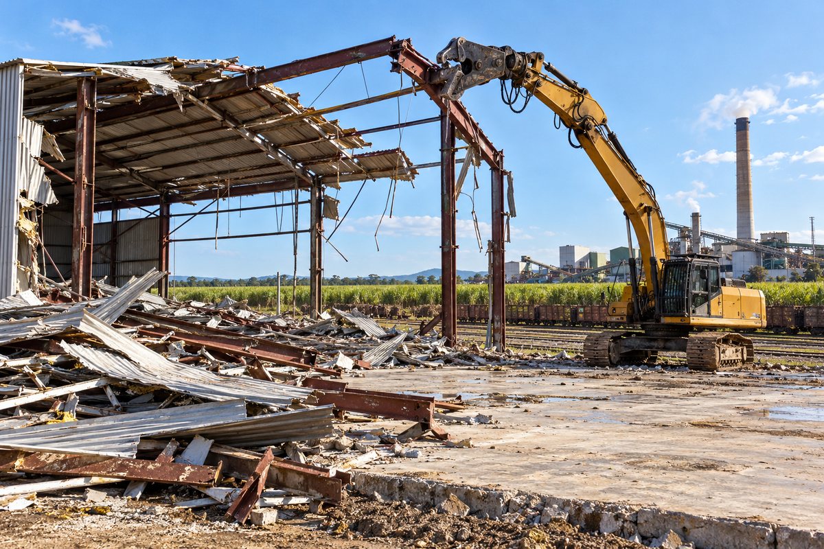 An excavator fitted with a hydraulic shear cutting through the steel columns of a portal frame shed on industrial land near the Bundaberg sugar mill, with the mill stack visible behind and cut steel stacked beside the machine.