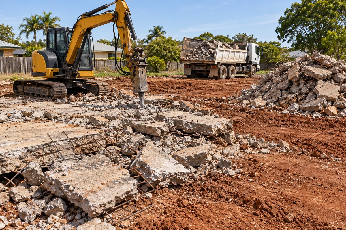 An excavator fitted with a hydraulic hammer breaking up a concrete driveway and adjoining slab in Bundaberg, with reinforcing mesh bent up out of the broken sections and a stockpile of clean rubble behind the machine.
