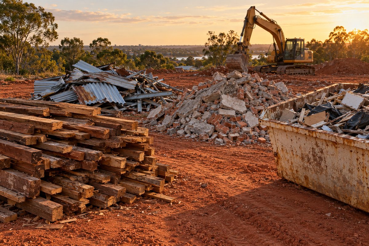 Sorted demolition waste on a cleared block: a stack of salvaged hardwood boards, a pile of corrugated iron sheets, a heap of broken concrete, and a skip bin for the mixed remainder, separated so each stream can go to the right place.