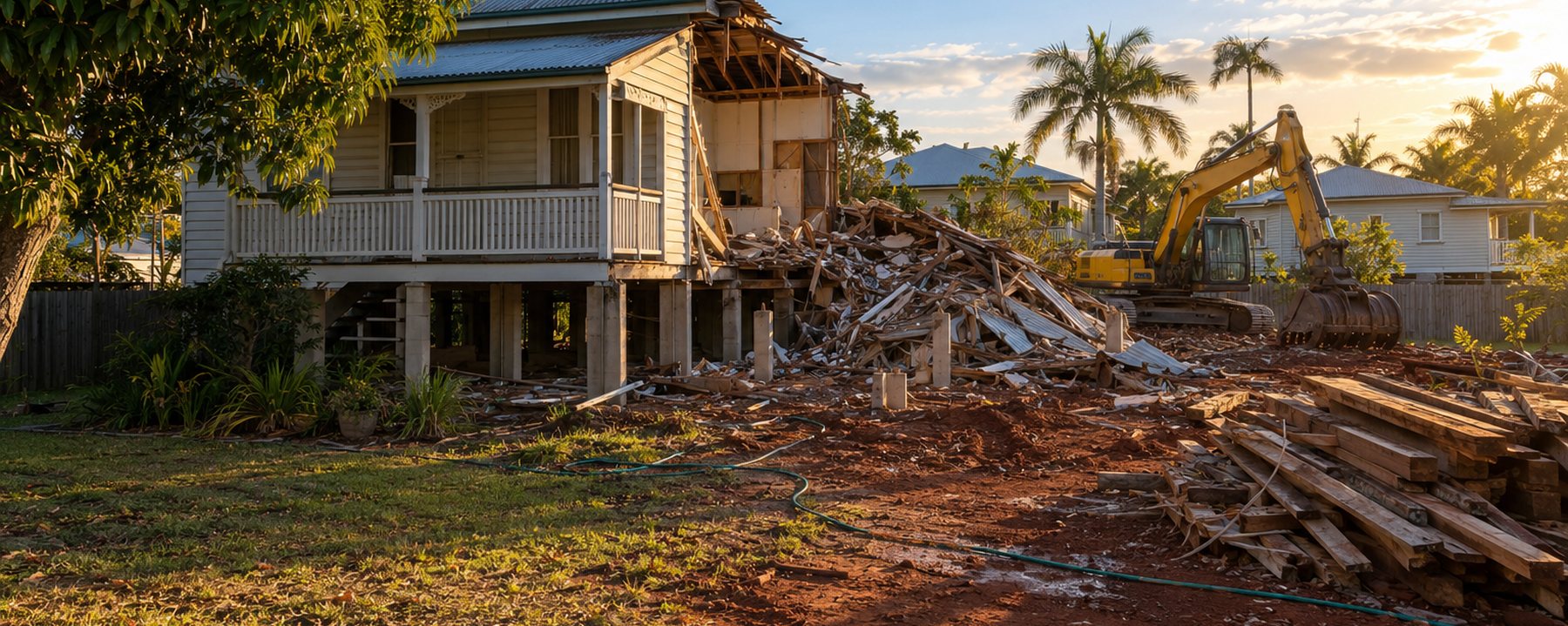 A timber Queenslander house on concrete stumps in a Bundaberg suburb half demolished in late afternoon light, the front half still standing with its verandah and iron roof, the back half a heap of timber and iron beside a yellow excavator, red soil, palm trees and neighbouring Queenslanders behind