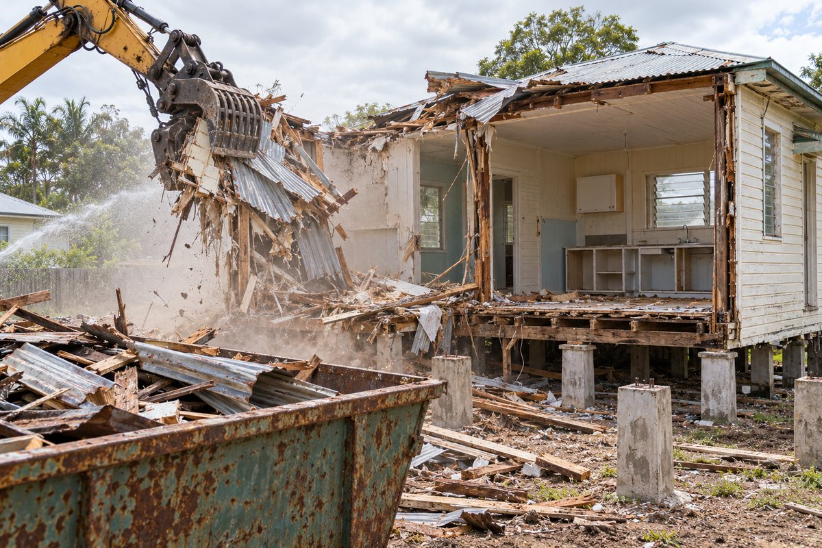 An excavator mid-way through pulling down an old fibro and timber house in Bundaberg, a section of wall frame and roof iron in its grab, dust kept down by a hose, a full skip bin in the foreground and the house's bare concrete stumps where the floor has gone
