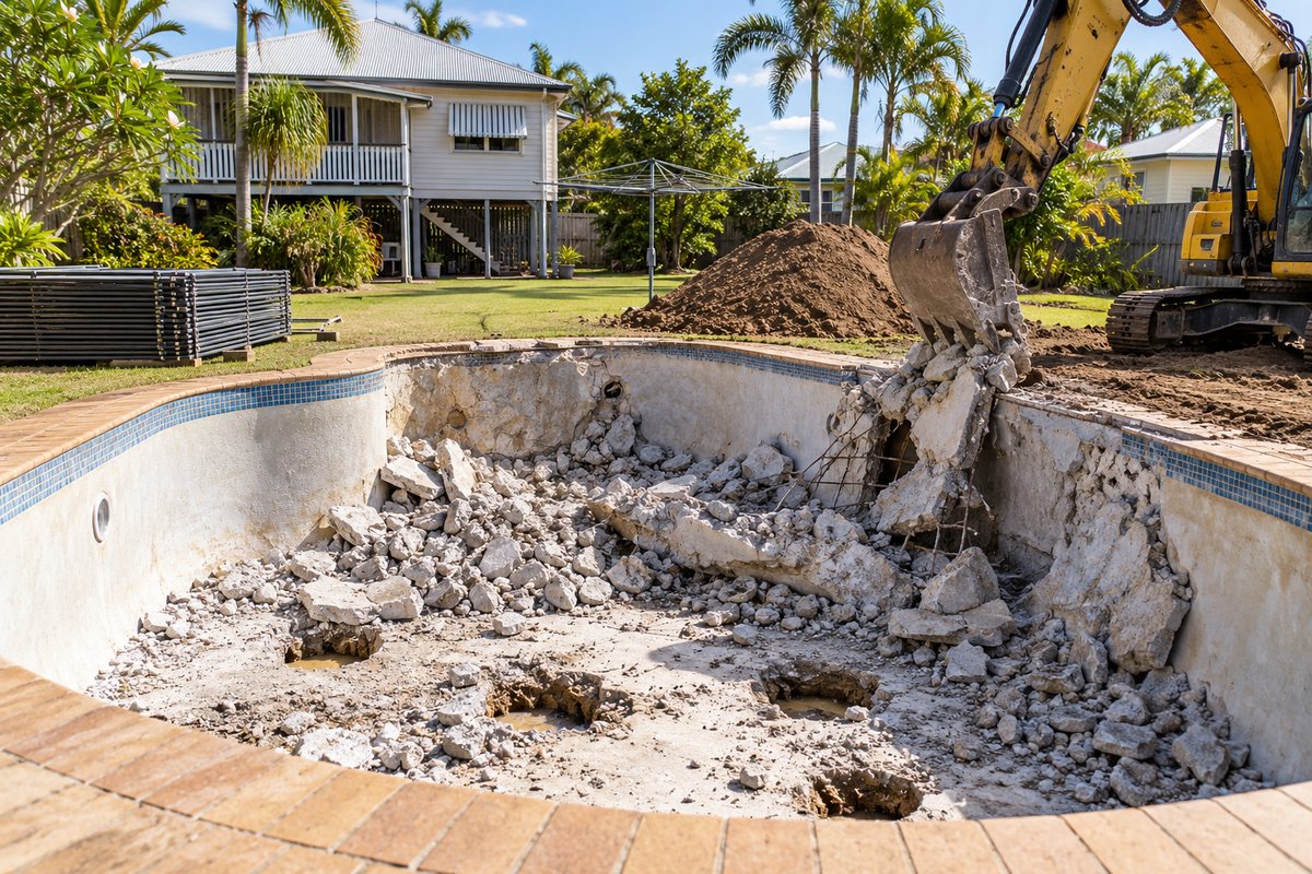 A drained concrete swimming pool in a Bundaberg backyard with the floor and one wall broken through by an excavator hammer, the safety fence already removed after approval and a pile of fill waiting beside the hole.