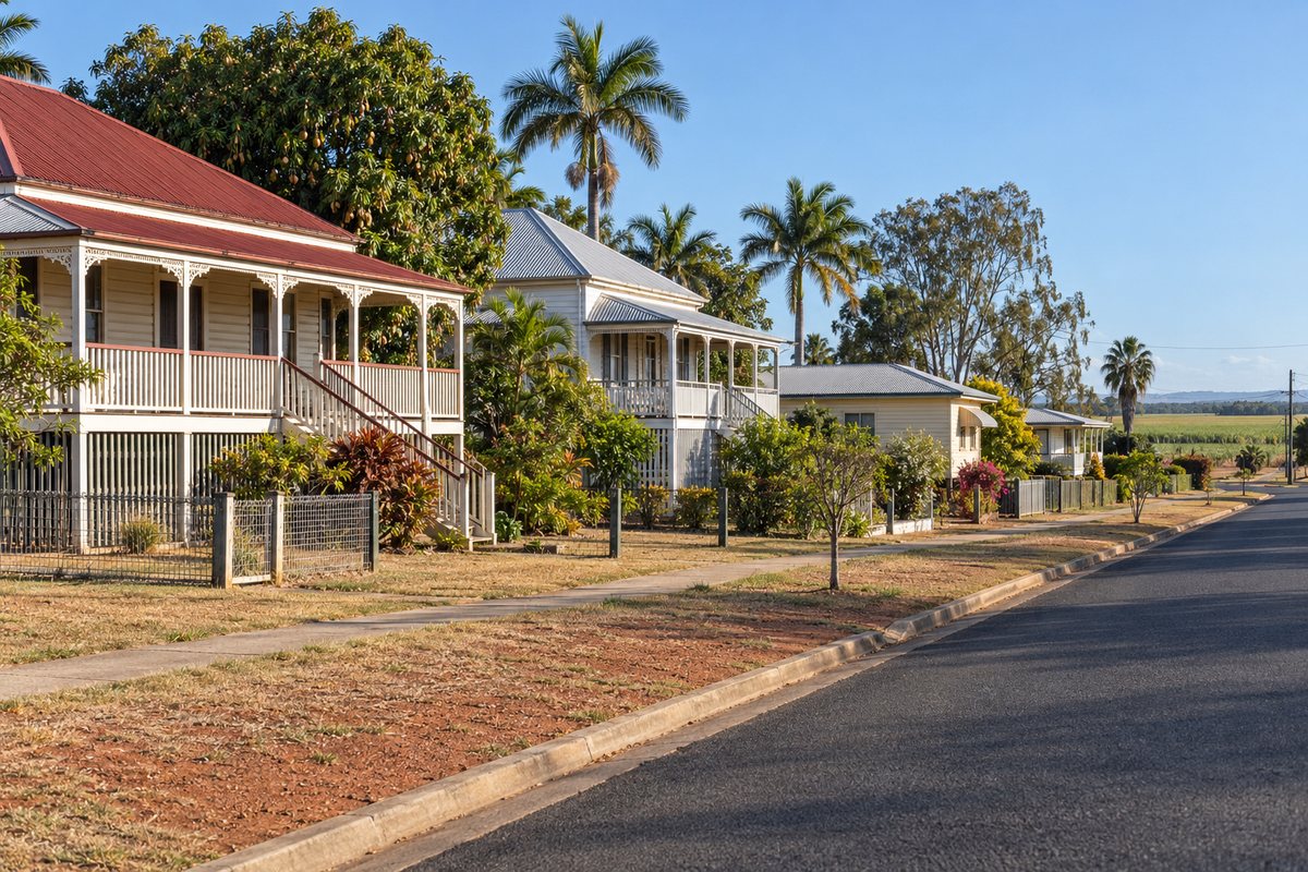 A quiet residential street of older high-set timber Queenslander homes in Bundaberg on a clear morning, wide verandahs, red and silver iron roofs, cream weatherboards, a few lower post-war fibro houses between them, mango and palm trees and a red soil nature strip