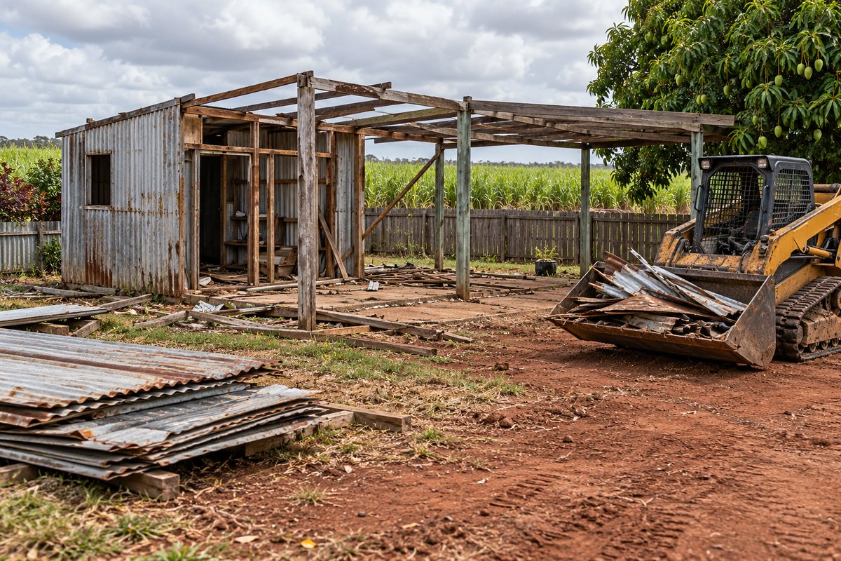 A corrugated iron shed and attached carport half dismantled on a Bundaberg block, with the roof sheeting already off, a skid steer loader pushing wall frames into a pile and loose iron stacked for the scrap yard.