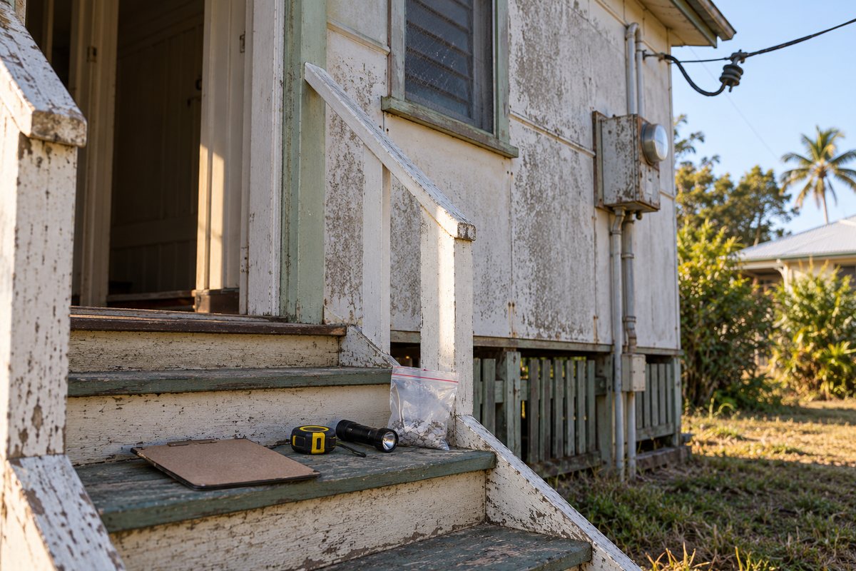The front steps of a timber Queenslander in Bundaberg with a clipboard, tape measure, torch and labelled sample bag laid out for a pre-demolition inspection, and the overhead electricity service line still attached to the house above.