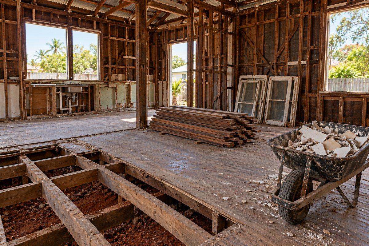 The interior of a Bundaberg timber house stripped back to its hardwood wall studs, with the floorboards lifted from the joists and the salvaged boards stacked neatly to one side for reuse.